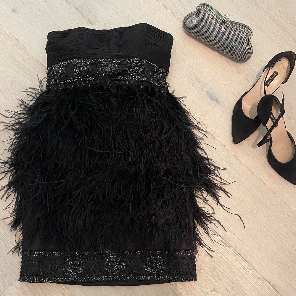 Sue Wong Strapless Feather Empire Sheath Dress